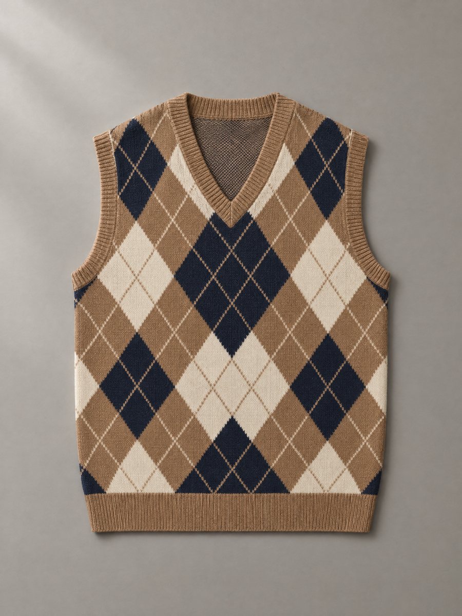 Argyle intarsia V-neck sweater vest in camel, navy and cream, 12 GG, Rose Sweaters Ltd.