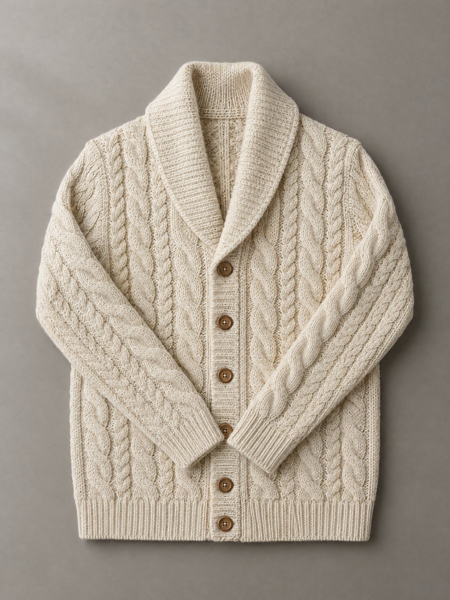 Cream shawl-collar cable-knit cardigan with wooden buttons, 5 GG, Rose Sweaters Ltd.