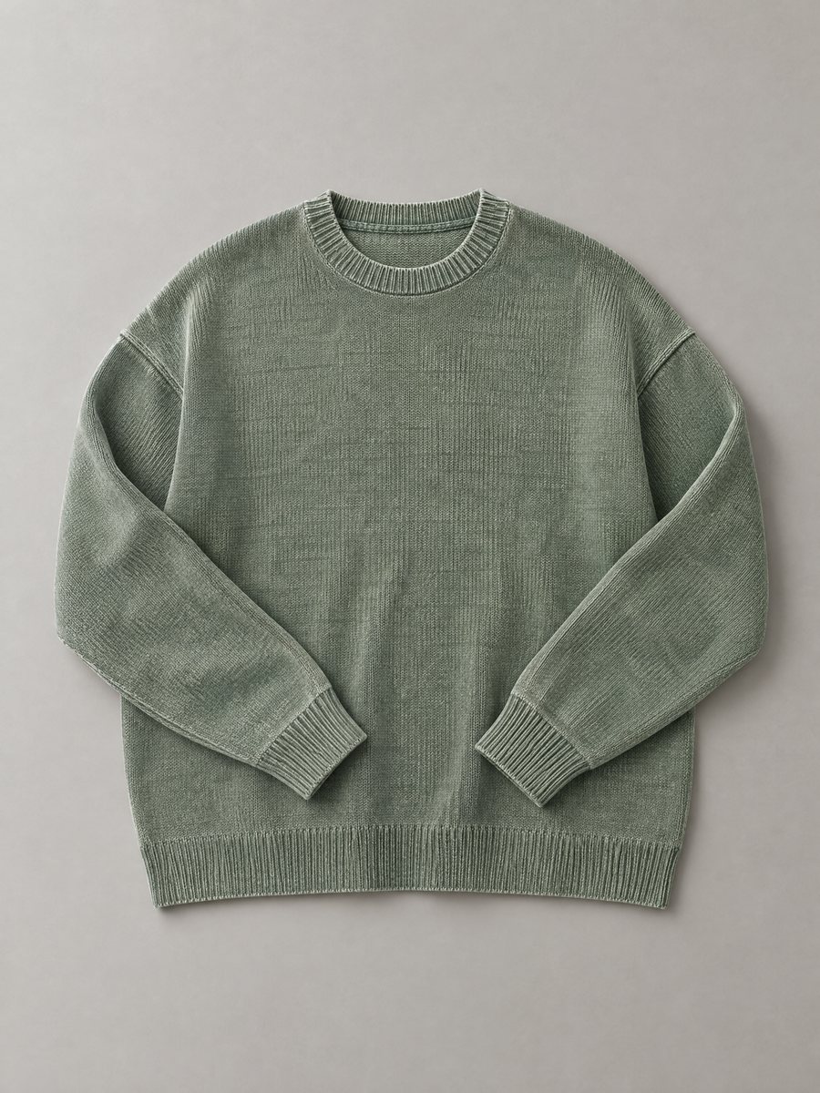 Garment-dyed boxy crew-neck sweater in washed sage, 5 GG, Rose Sweaters Ltd.